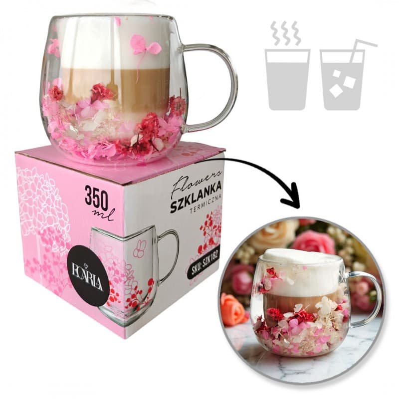 Szklanka termiczna z kwiatami w środku, gipsówka hortensje róż 350 ml 1szt